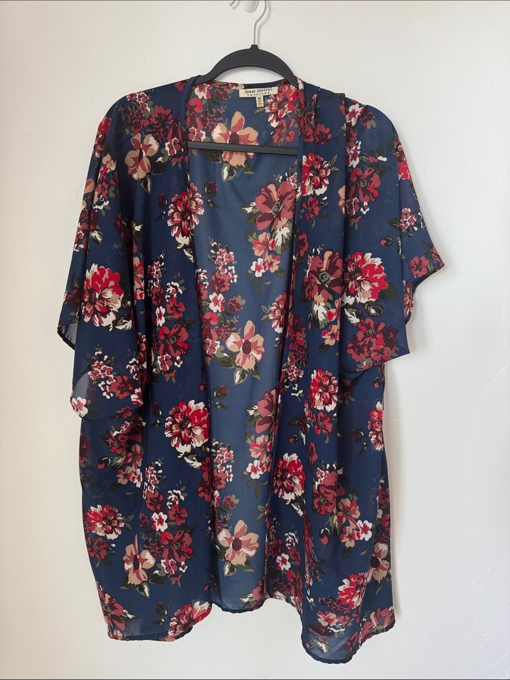 Speed Control Navy Red Floral Kimono Cardigan Plus Boho Open Front Duster 1X